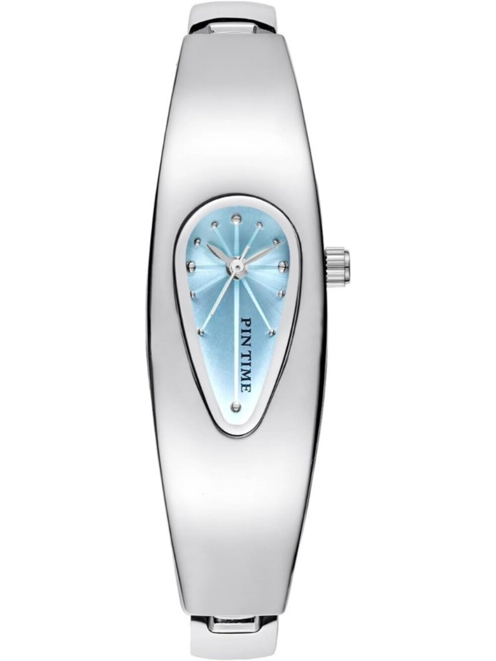 Women's Silver Blue Stainless Steel Quartz Teardrop Bangle Oval Dial Wrist Watch